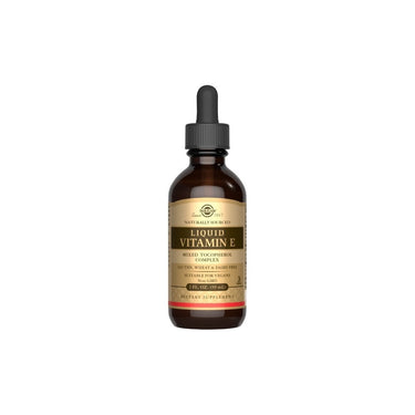 A bottle of Solgar Liquid Vitamin E (with dropper) 59 ml on a white background.